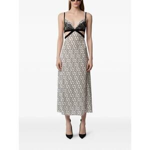 Nina Ricci All-over Logo Print Lace Insert Midi Dress in Cream/noir FR 36 US 4